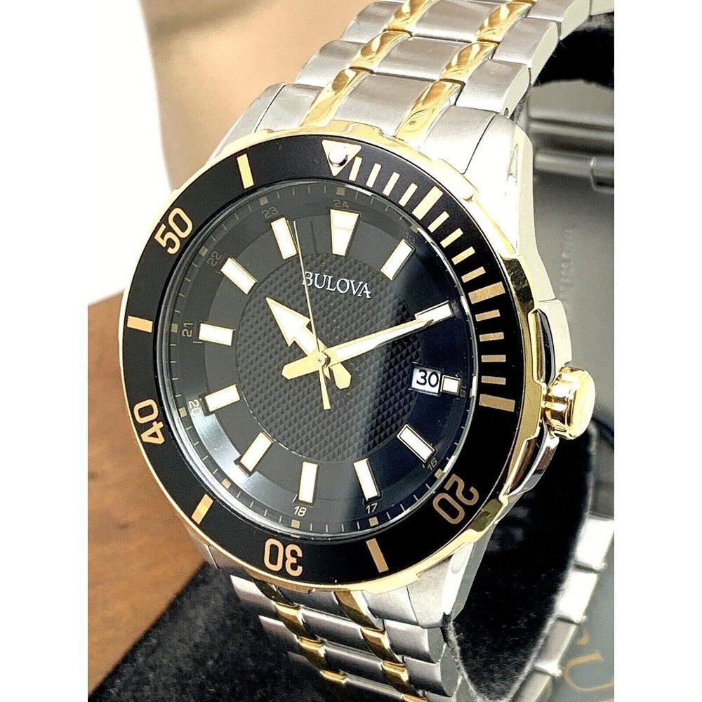 Bulova Men's Watch 98B394 Black Dial Date Quartz Two Tone Stainless Stee…